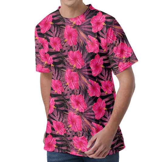 Pink Hawaiian Hibiscus Pattern Print Men's Velvet T-Shirt