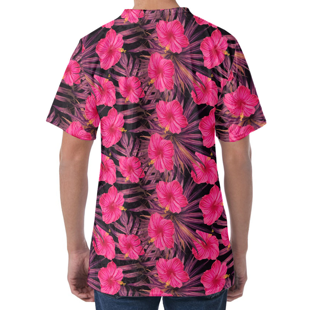 Pink Hawaiian Hibiscus Pattern Print Men's Velvet T-Shirt
