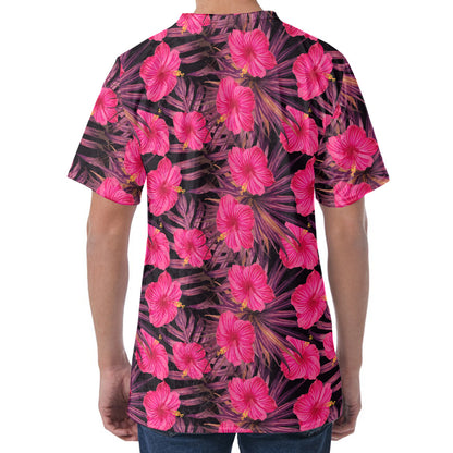 Pink Hawaiian Hibiscus Pattern Print Men's Velvet T-Shirt