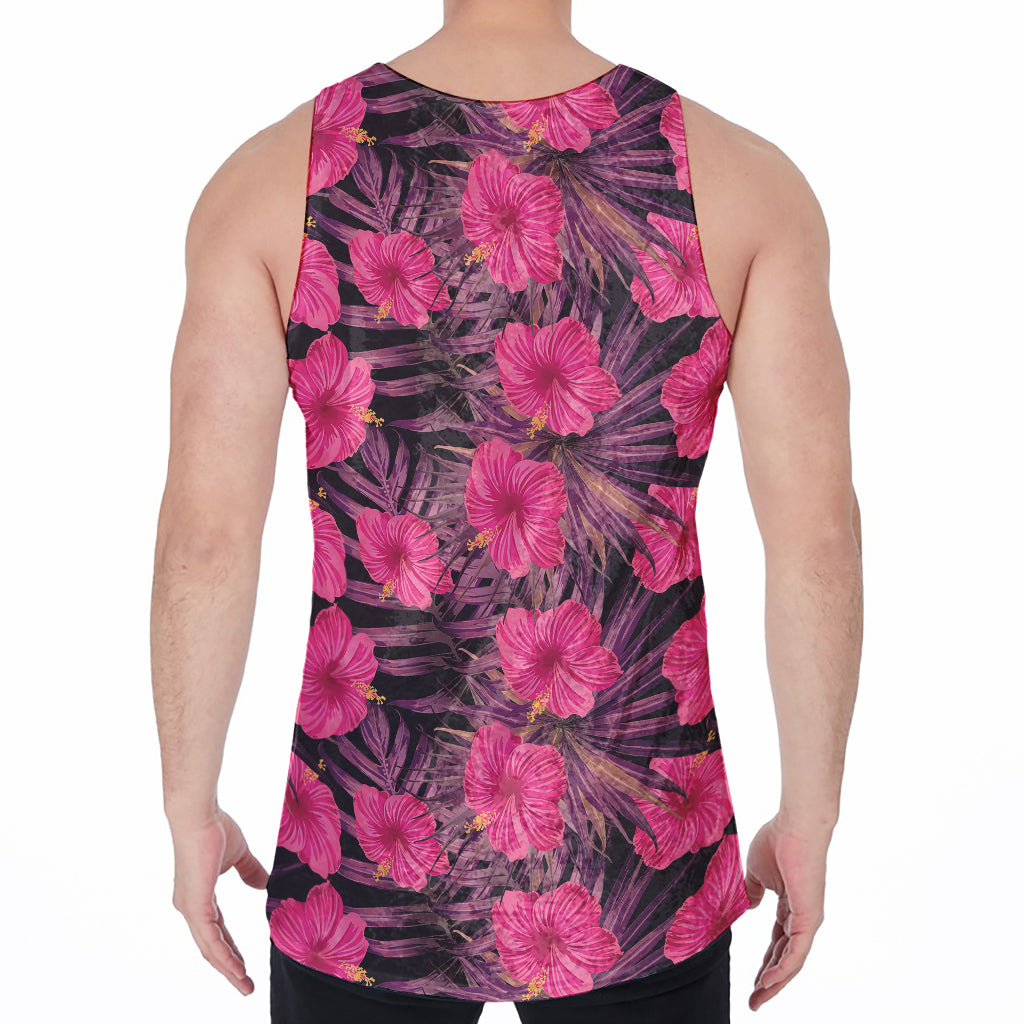 Pink Hawaiian Hibiscus Pattern Print Men's Velvet Tank Top