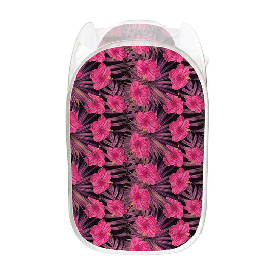 Pink Hawaiian Hibiscus Pattern Print Mesh Laundry Hamper