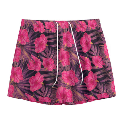 Pink Hawaiian Hibiscus Pattern Print Mesh Shorts