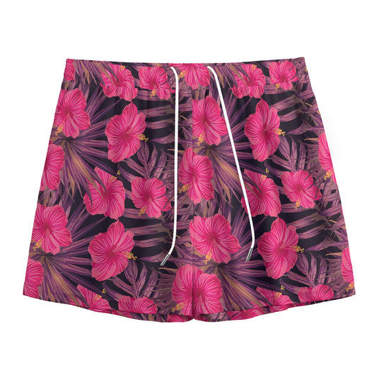Pink Hawaiian Hibiscus Pattern Print Mesh Shorts