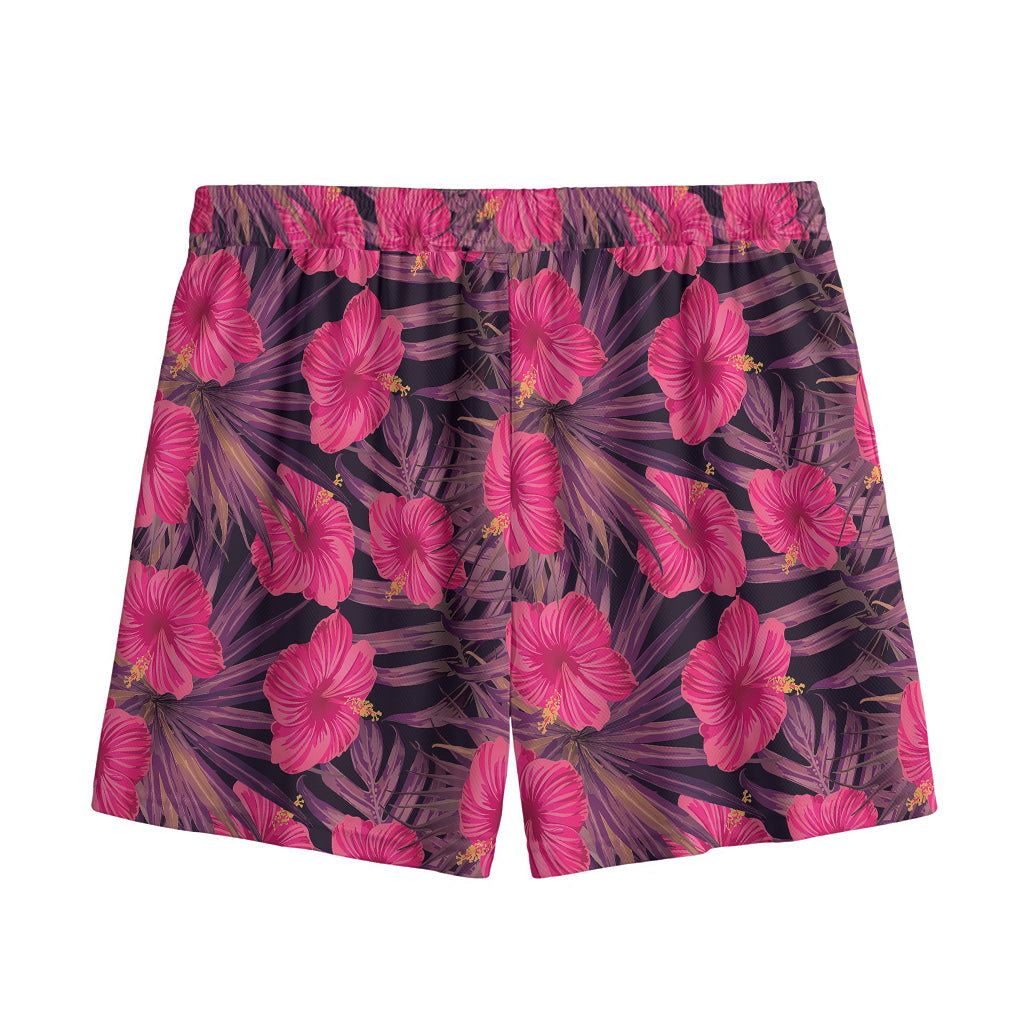 Pink Hawaiian Hibiscus Pattern Print Mesh Shorts