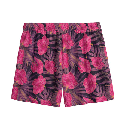 Pink Hawaiian Hibiscus Pattern Print Mesh Shorts