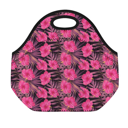Pink Hawaiian Hibiscus Pattern Print Neoprene Lunch Bag