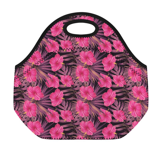 Pink Hawaiian Hibiscus Pattern Print Neoprene Lunch Bag