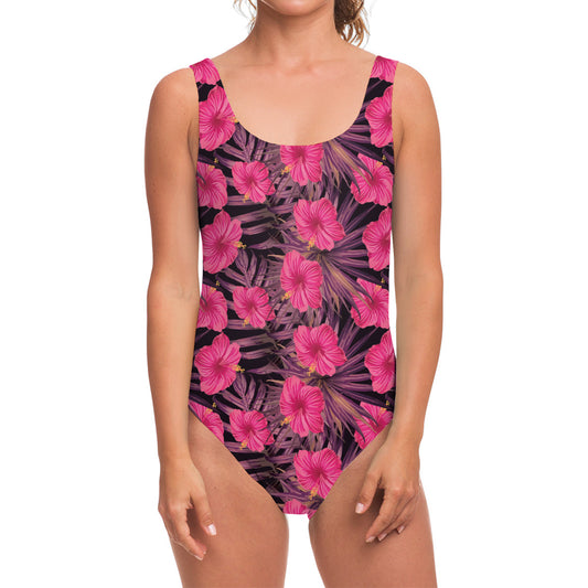 Pink Hawaiian Hibiscus Pattern Print One Piece Swimsuit