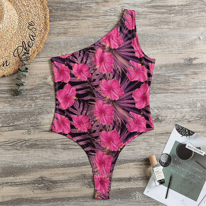 Pink Hawaiian Hibiscus Pattern Print One Shoulder Bodysuit