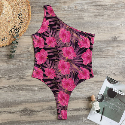 Pink Hawaiian Hibiscus Pattern Print One Shoulder Bodysuit