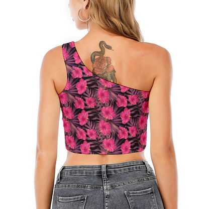 Pink Hawaiian Hibiscus Pattern Print One Shoulder Crop Top