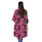 Pink Hawaiian Hibiscus Pattern Print Open Front Beach Cover Up
