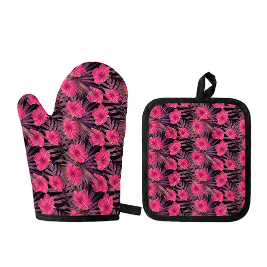 Pink Hawaiian Hibiscus Pattern Print Oven Mitt And Pot Holder Set