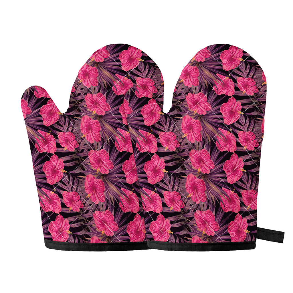 Pink Hawaiian Hibiscus Pattern Print Oven Mitts