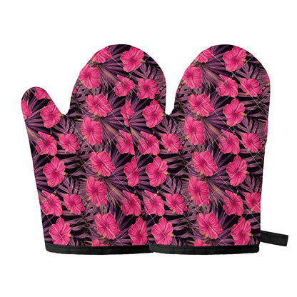 Pink Hawaiian Hibiscus Pattern Print Oven Mitts