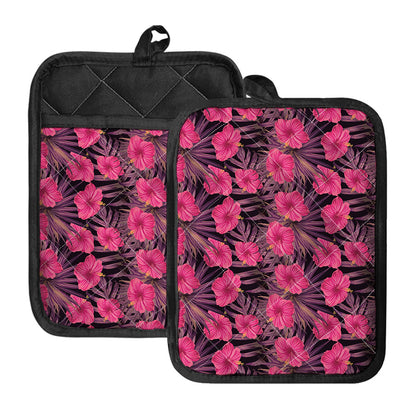 Pink Hawaiian Hibiscus Pattern Print Pot Holders With Pocket