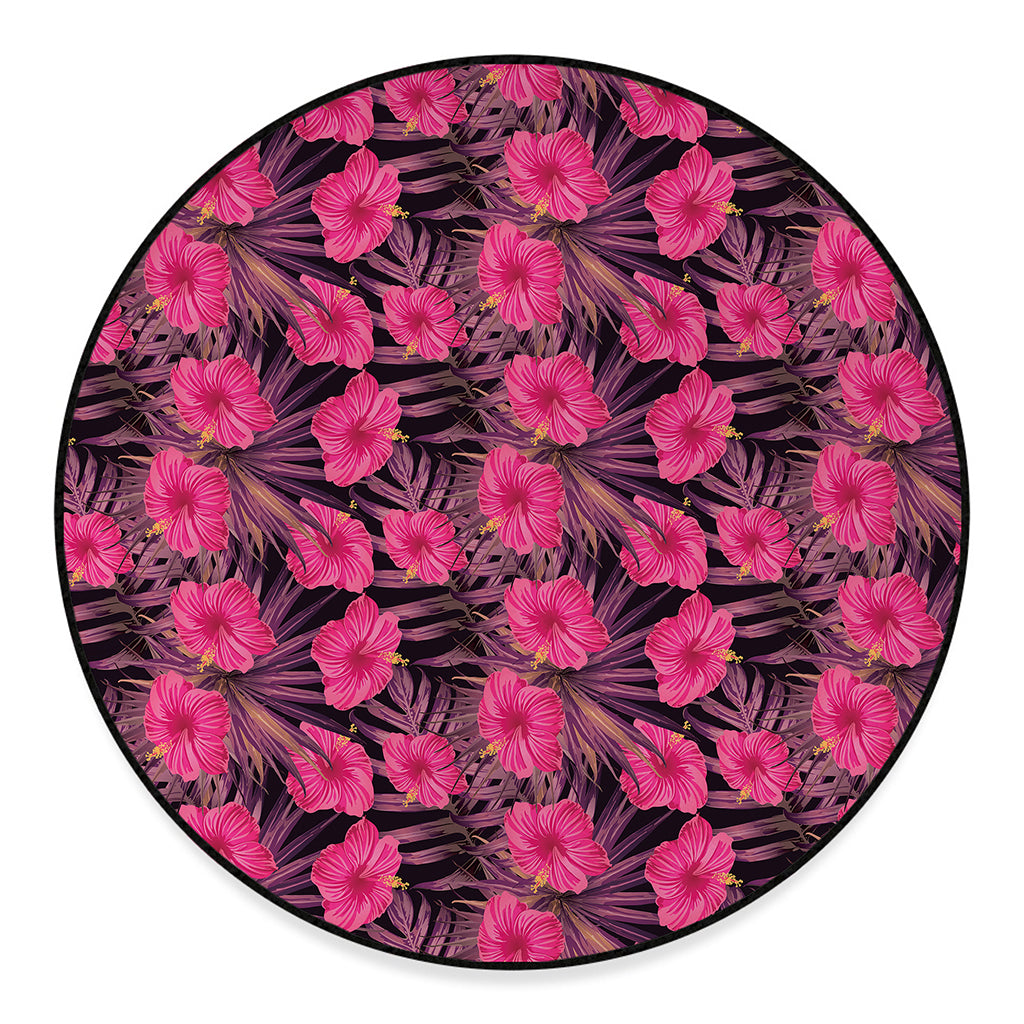Pink Hawaiian Hibiscus Pattern Print Round Floor Mat
