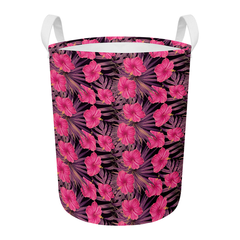 Pink Hawaiian Hibiscus Pattern Print Round Laundry Basket
