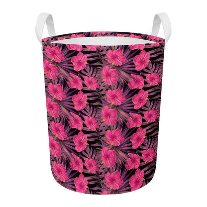 Pink Hawaiian Hibiscus Pattern Print Round Laundry Basket
