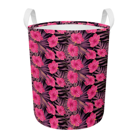 Pink Hawaiian Hibiscus Pattern Print Round Laundry Basket