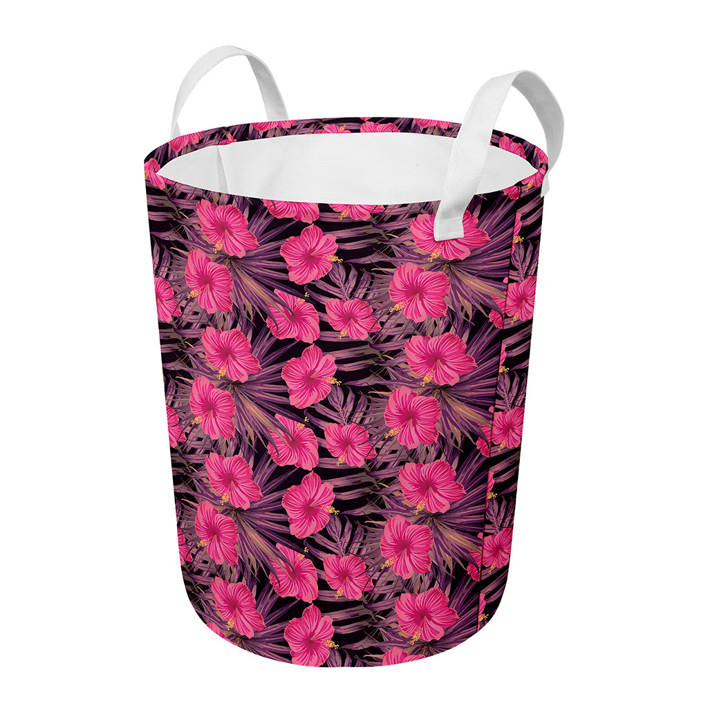Pink Hawaiian Hibiscus Pattern Print Round Laundry Basket