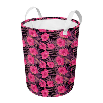 Pink Hawaiian Hibiscus Pattern Print Round Laundry Basket