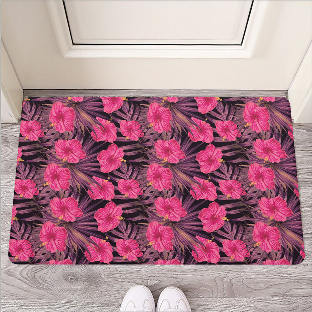 Pink Hawaiian Hibiscus Pattern Print Rubber Doormat