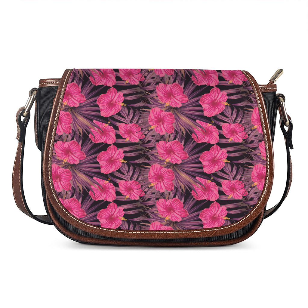 Pink Hawaiian Hibiscus Pattern Print Saddle Bag