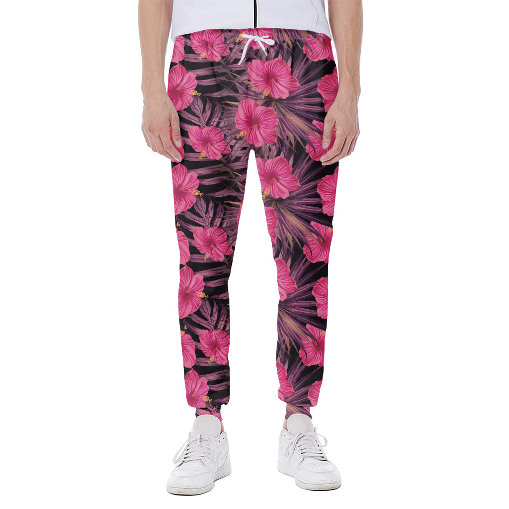 Pink Hawaiian Hibiscus Pattern Print Scuba Joggers