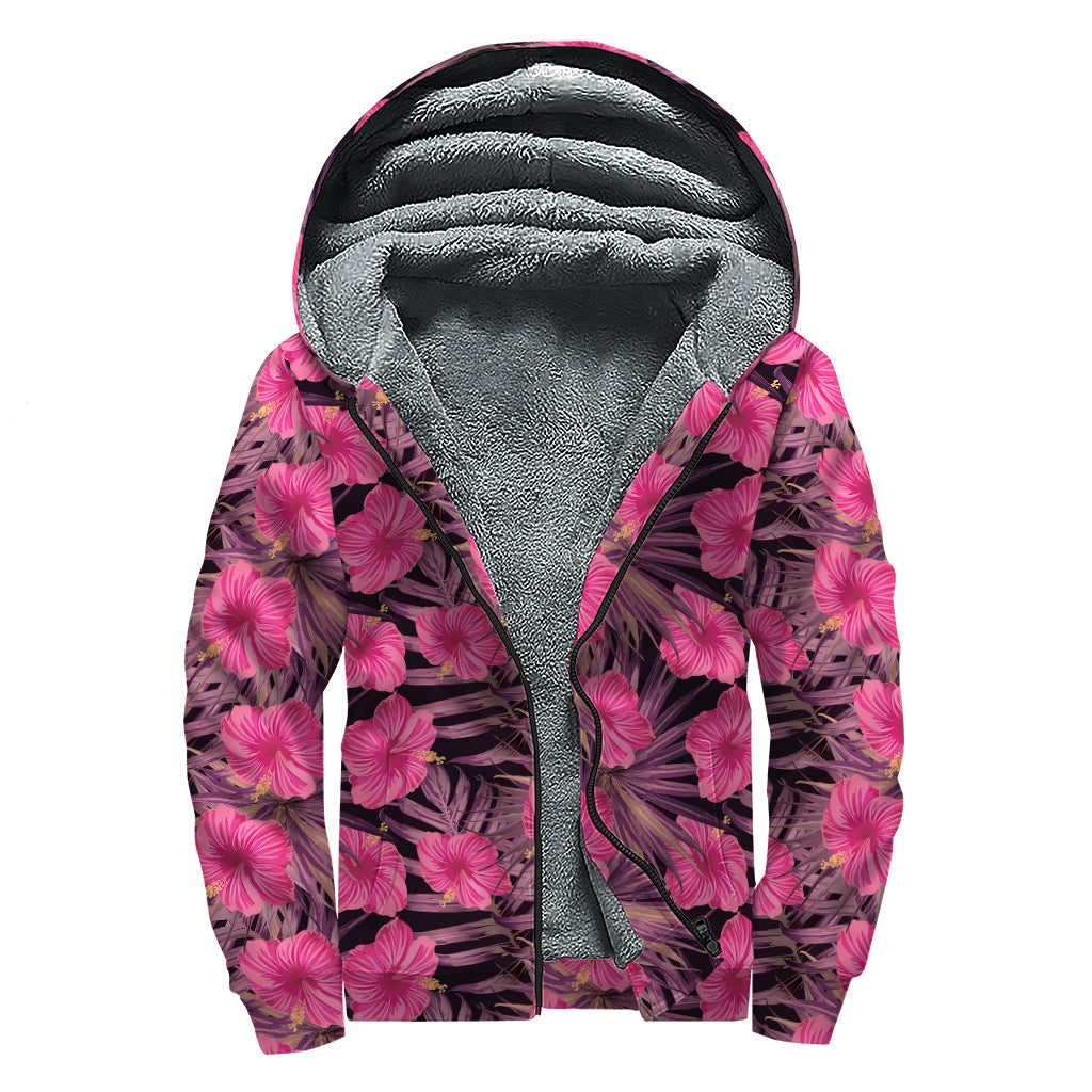 Pink Hawaiian Hibiscus Pattern Print Sherpa Lined Zip Up Hoodie
