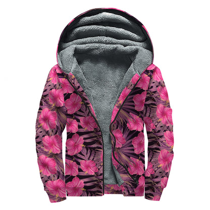 Pink Hawaiian Hibiscus Pattern Print Sherpa Lined Zip Up Hoodie