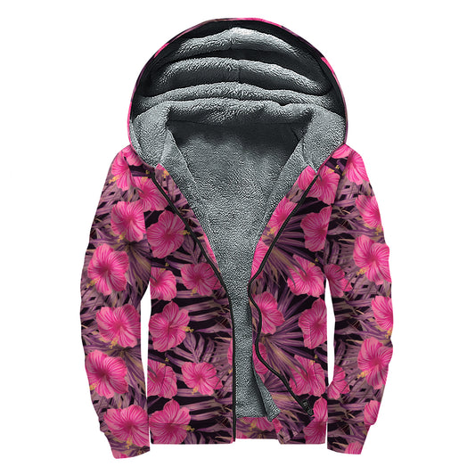 Pink Hawaiian Hibiscus Pattern Print Sherpa Lined Zip Up Hoodie