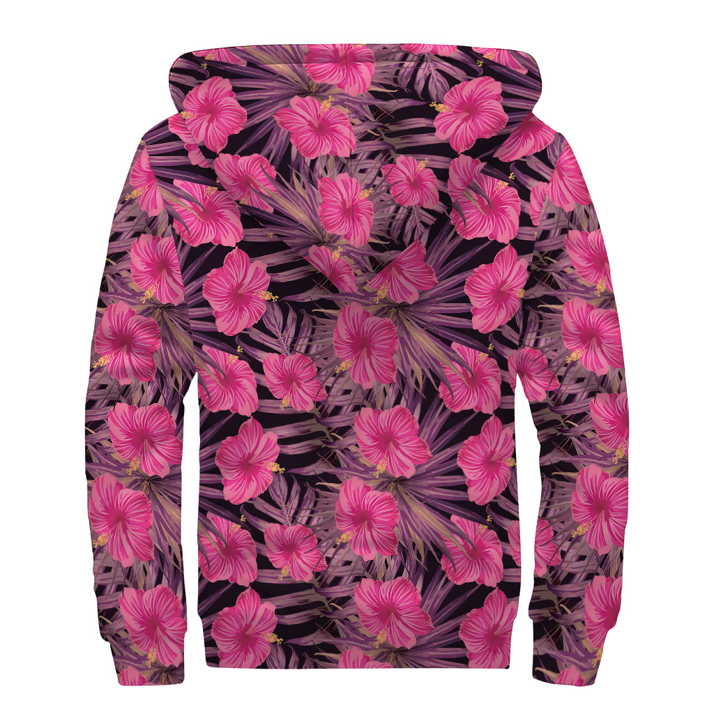 Pink Hawaiian Hibiscus Pattern Print Sherpa Lined Zip Up Hoodie