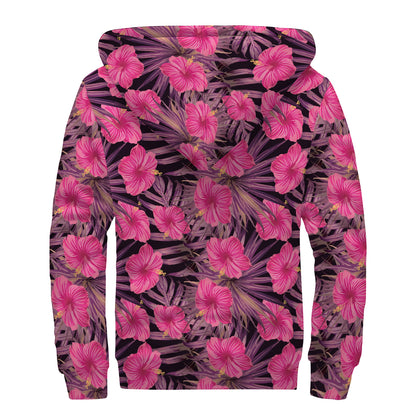 Pink Hawaiian Hibiscus Pattern Print Sherpa Lined Zip Up Hoodie
