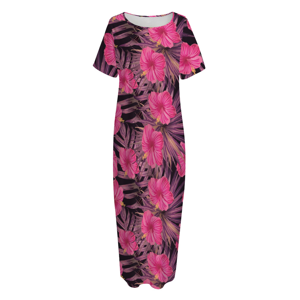Pink Hawaiian Hibiscus Pattern Print Short Sleeve Long Nightdress