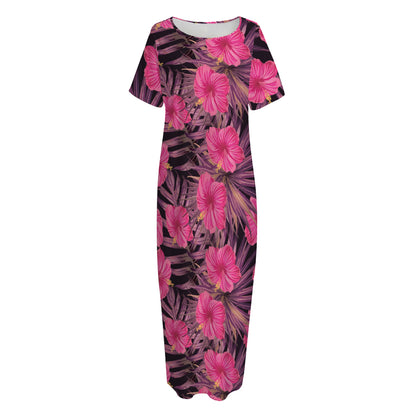 Pink Hawaiian Hibiscus Pattern Print Short Sleeve Long Nightdress