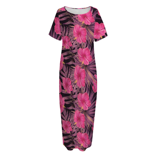 Pink Hawaiian Hibiscus Pattern Print Short Sleeve Long Nightdress