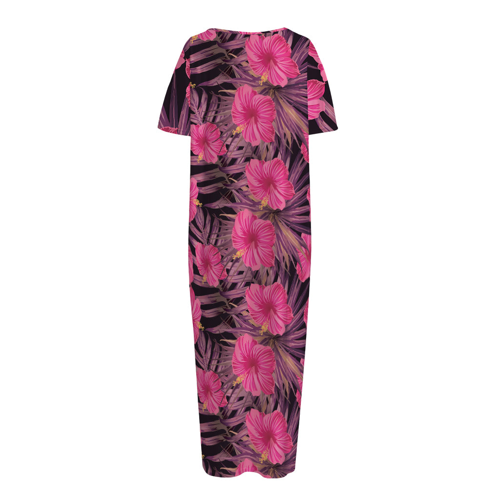 Pink Hawaiian Hibiscus Pattern Print Short Sleeve Long Nightdress