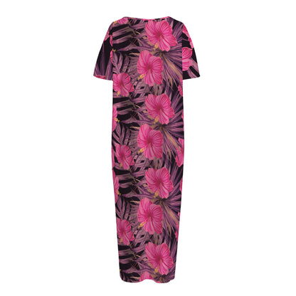 Pink Hawaiian Hibiscus Pattern Print Short Sleeve Long Nightdress