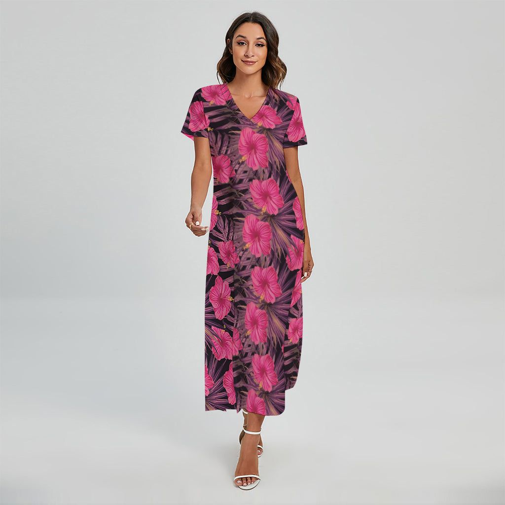 Pink Hawaiian Hibiscus Pattern Print Short Sleeve Maxi Dress