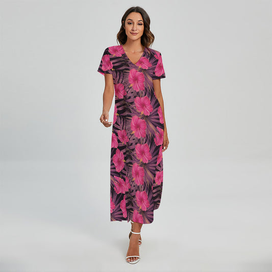 Pink Hawaiian Hibiscus Pattern Print Short Sleeve Maxi Dress