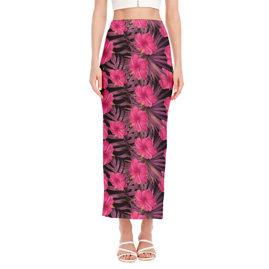 Pink Hawaiian Hibiscus Pattern Print Side Slit Maxi Skirt