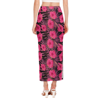 Pink Hawaiian Hibiscus Pattern Print Side Slit Maxi Skirt