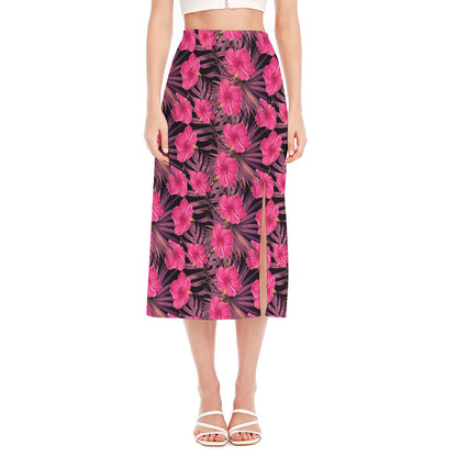 Pink Hawaiian Hibiscus Pattern Print Side Slit Midi Skirt