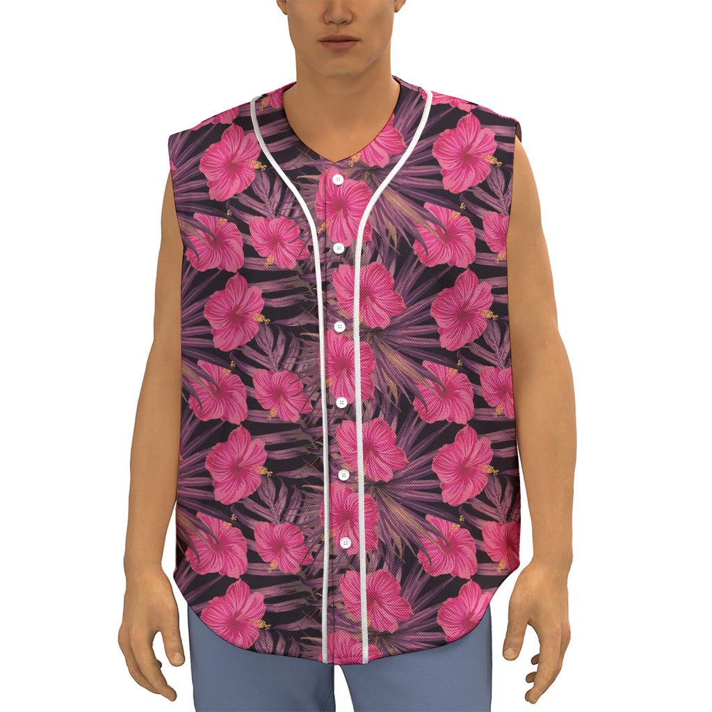 Pink Hawaiian Hibiscus Pattern Print Sleeveless Baseball Jersey