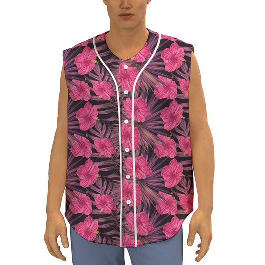 Pink Hawaiian Hibiscus Pattern Print Sleeveless Baseball Jersey