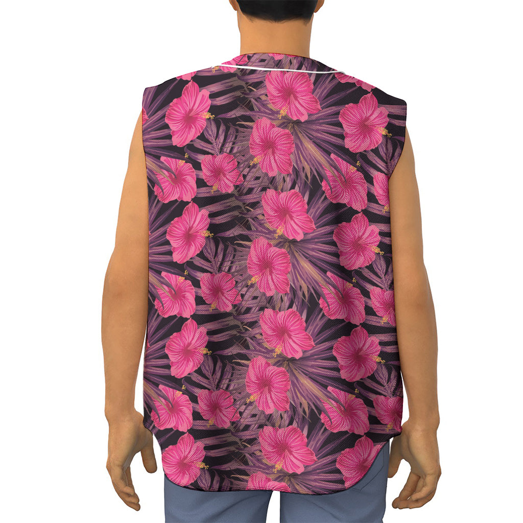 Pink Hawaiian Hibiscus Pattern Print Sleeveless Baseball Jersey