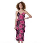 Pink Hawaiian Hibiscus Pattern Print Slim Fit Midi Cami Dress