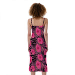 Pink Hawaiian Hibiscus Pattern Print Slim Fit Midi Cami Dress