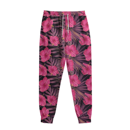 Pink Hawaiian Hibiscus Pattern Print Sweatpants